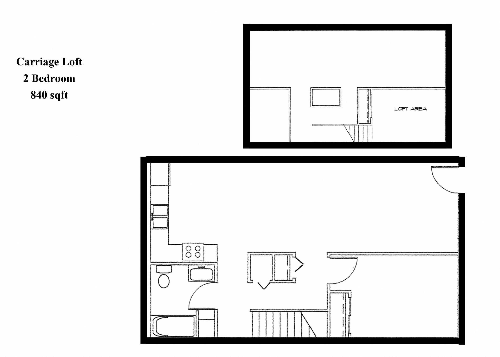 Floor plan for 2 beds, 1 bath, 840 sqft